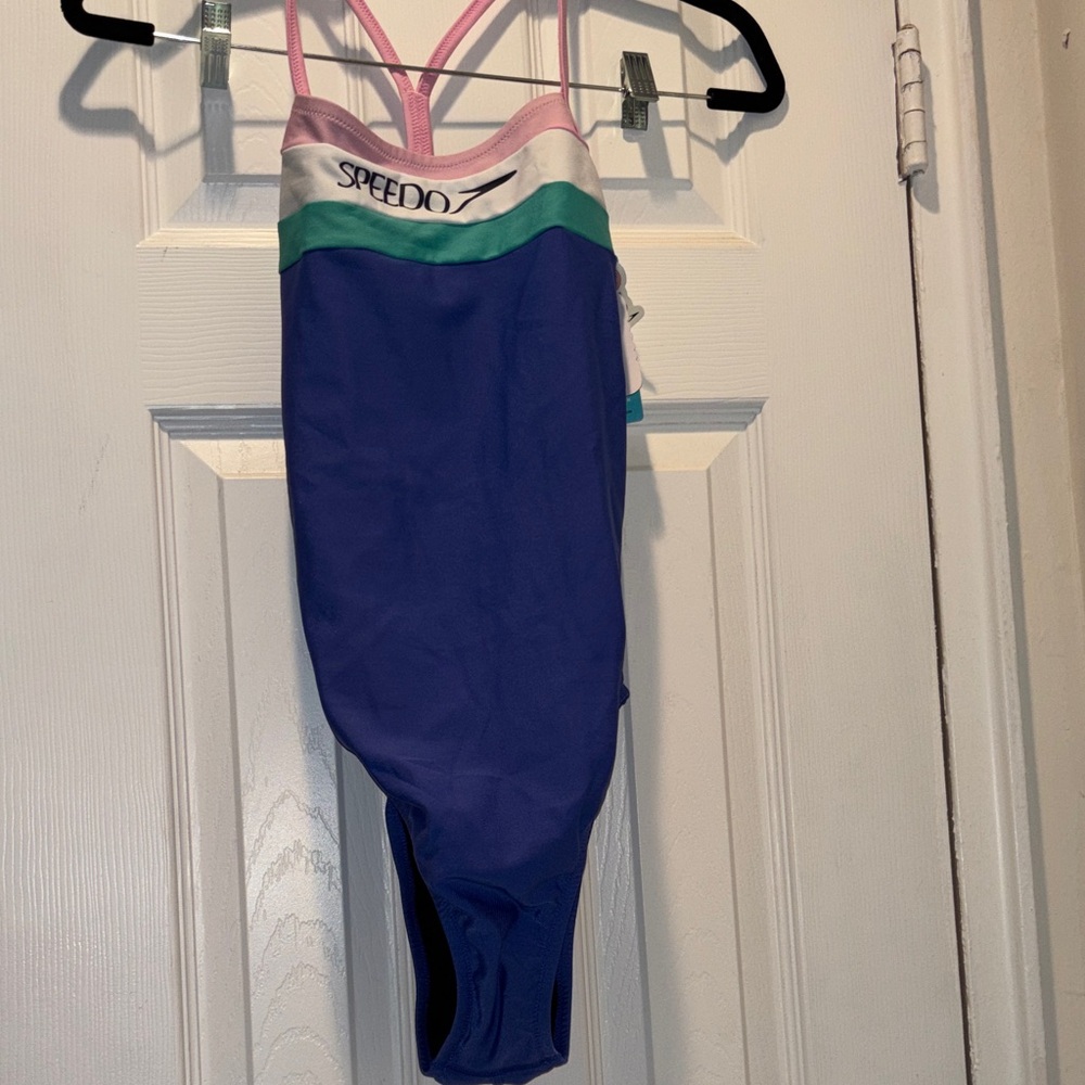 Speedo Blue One-Piece Swimsuit with Pink & Green Trim